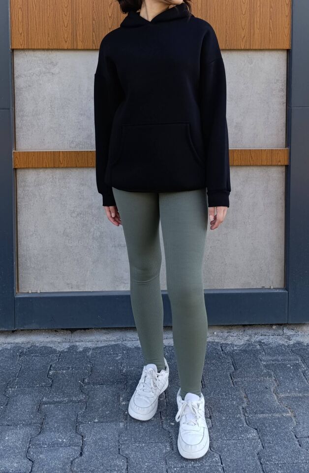 Kapşonlu Kanguru Cep 3 İplik İçi Polarlı Düz Kalın Basic Sweatshirt