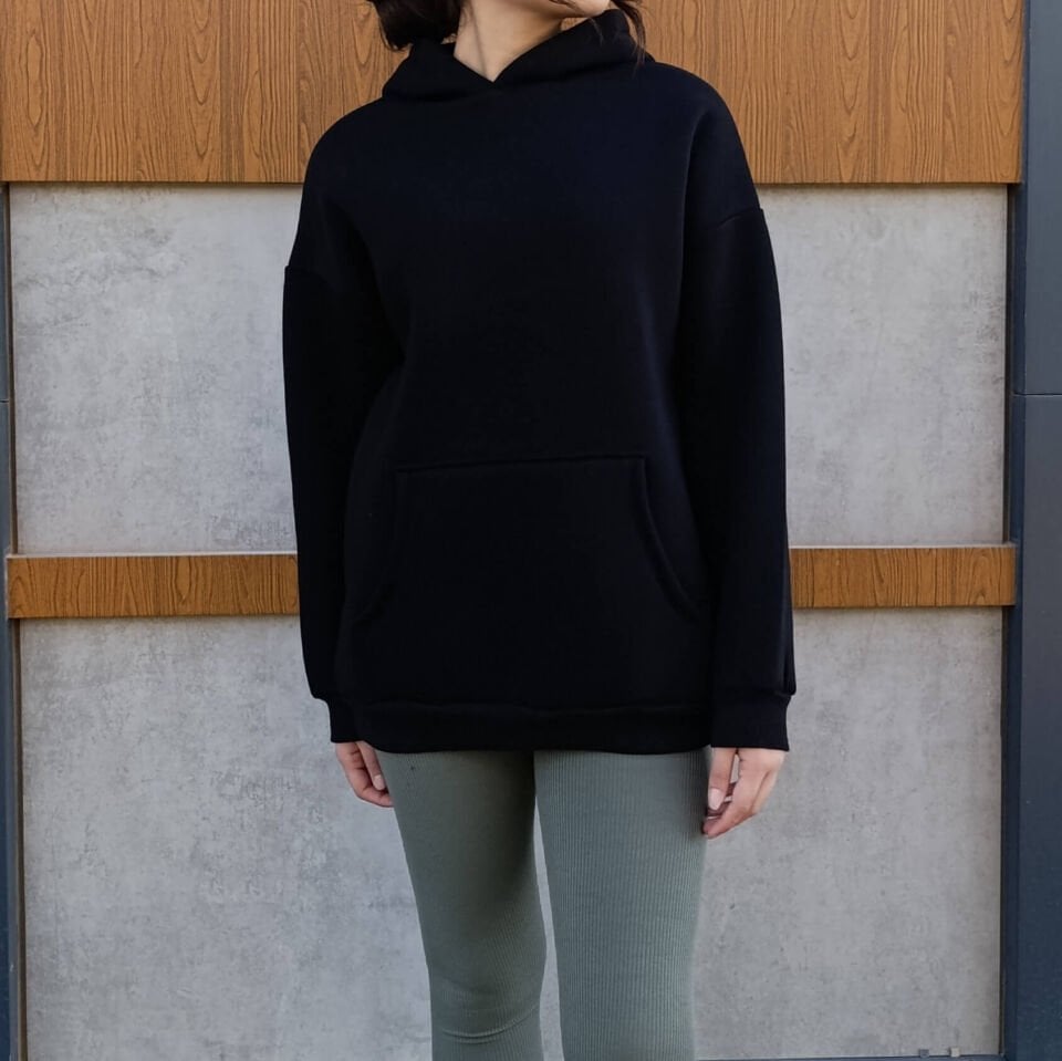 Kapşonlu Kanguru Cep 3 İplik İçi Polarlı Düz Kalın Basic Sweatshirt