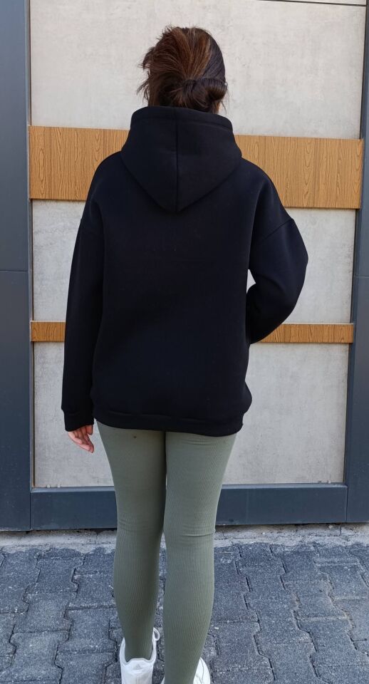 Kapşonlu Kanguru Cep 3 İplik İçi Polarlı Düz Kalın Basic Sweatshirt