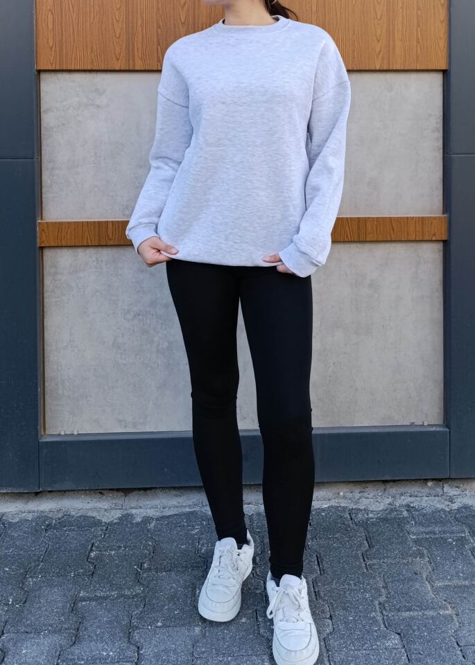 Bisiklet Yaka 3 İplik Şardonlu Basic Kalın Sweatshirt
