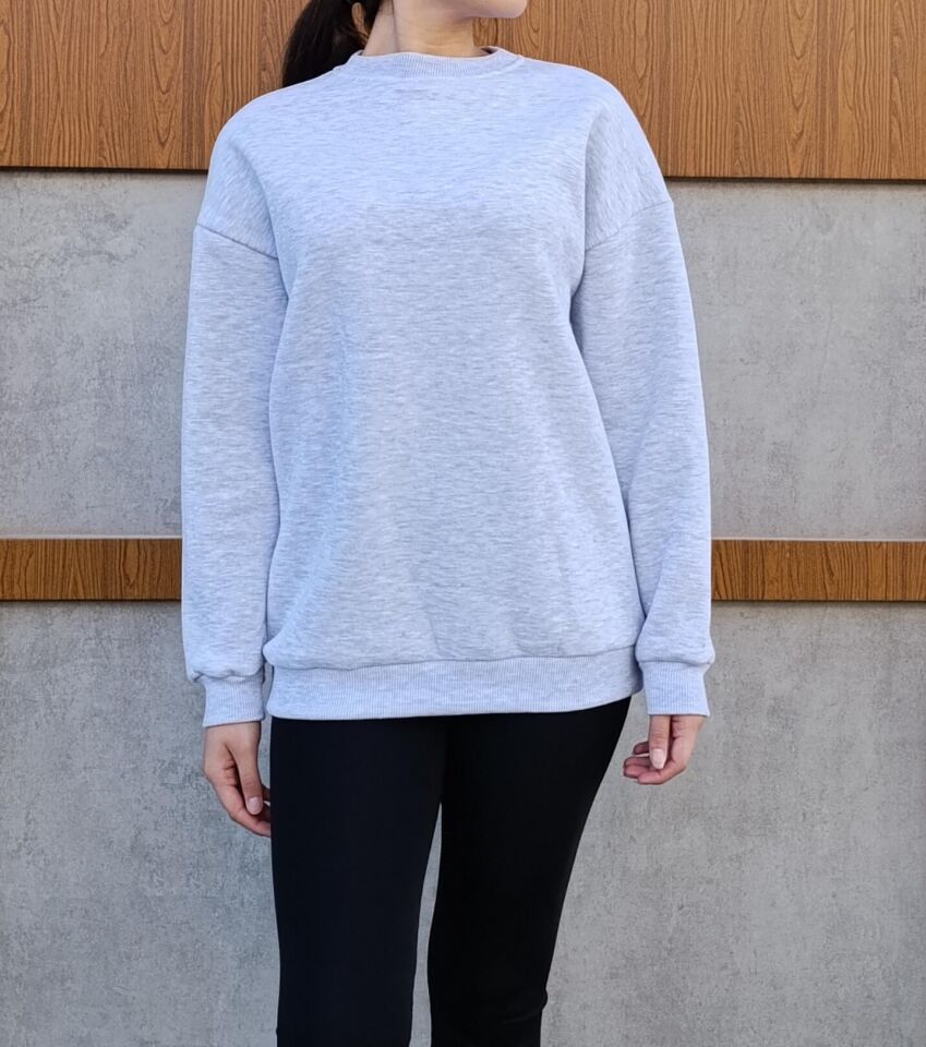Bisiklet Yaka 3 İplik Şardonlu Basic Kalın Sweatshirt