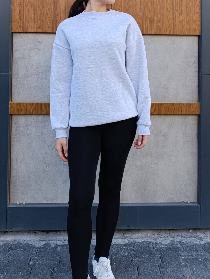 Bisiklet Yaka 3 İplik Şardonlu Basic Kalın Sweatshirt