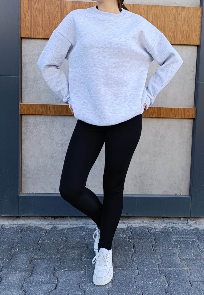 Bisiklet Yaka 3 İplik Şardonlu Basic Kalın Sweatshirt