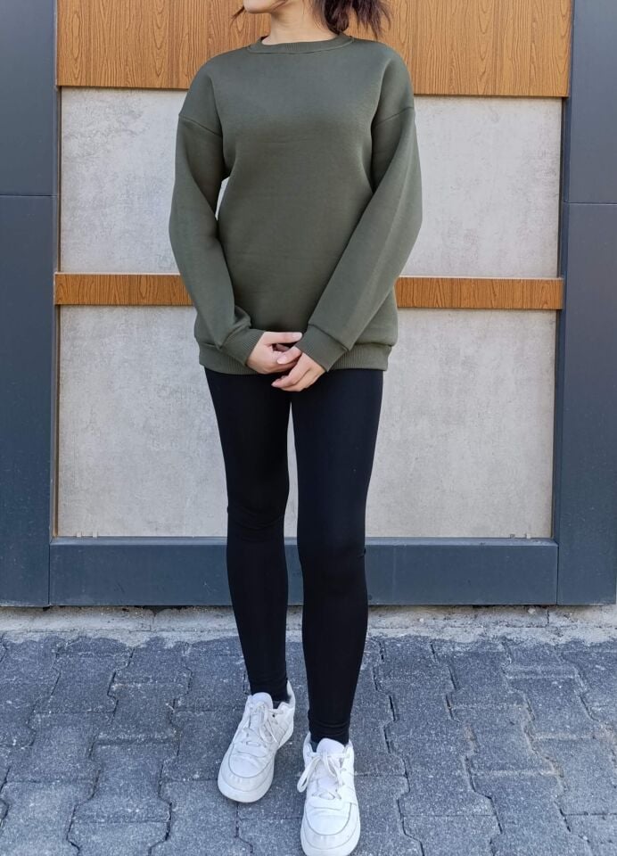 Bisiklet Yaka 3 İplik Şardonlu Basic Kalın Sweatshirt