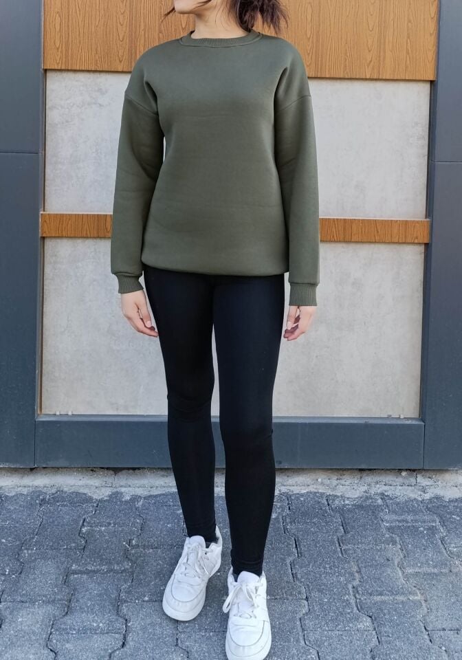 Bisiklet Yaka 3 İplik Şardonlu Basic Kalın Sweatshirt