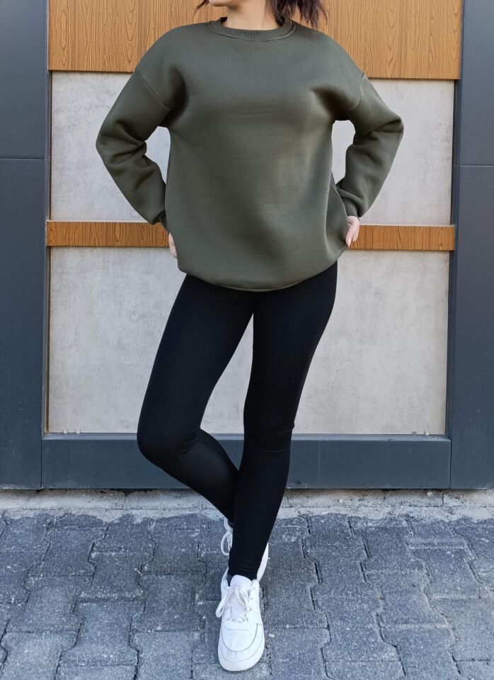 Bisiklet Yaka 3 İplik Şardonlu Basic Kalın Sweatshirt