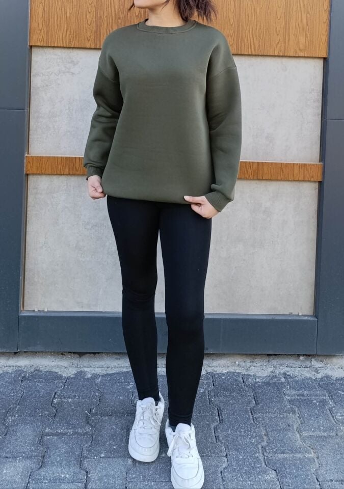 Bisiklet Yaka 3 İplik Şardonlu Basic Kalın Sweatshirt