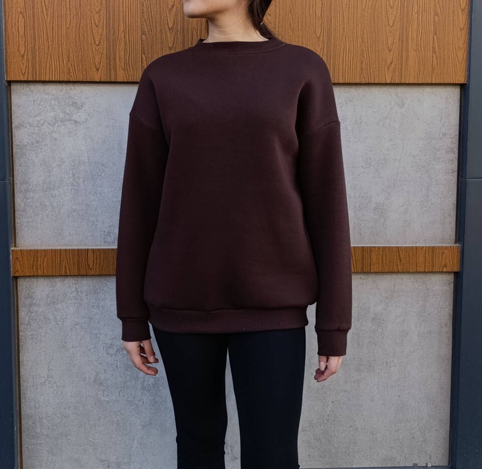 Bisiklet Yaka 3 İplik Şardonlu Basic Kalın Sweatshirt
