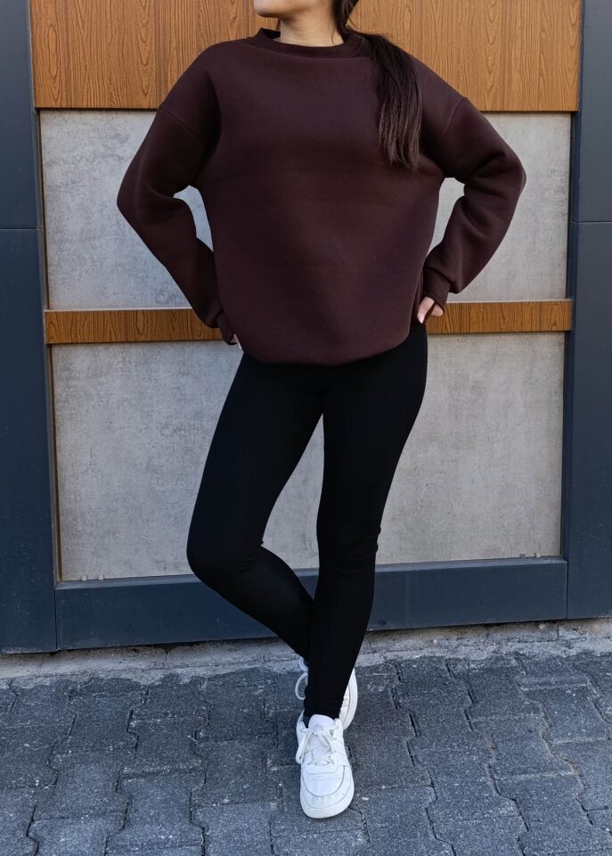 Bisiklet Yaka 3 İplik Şardonlu Basic Kalın Sweatshirt