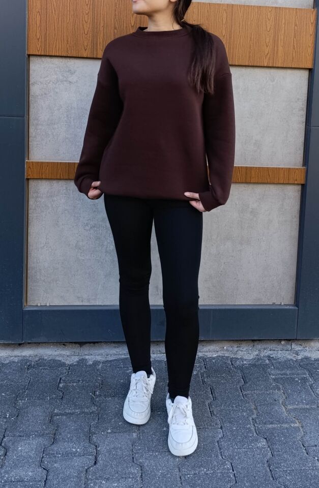 Bisiklet Yaka 3 İplik Şardonlu Basic Kalın Sweatshirt