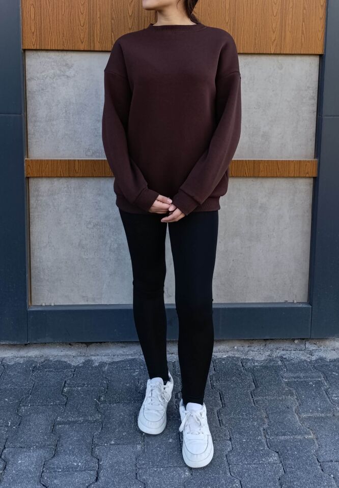 Bisiklet Yaka 3 İplik Şardonlu Basic Kalın Sweatshirt