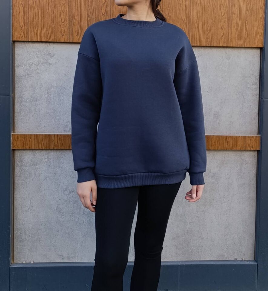 Bisiklet Yaka 3 İplik Şardonlu Basic Kalın Sweatshirt