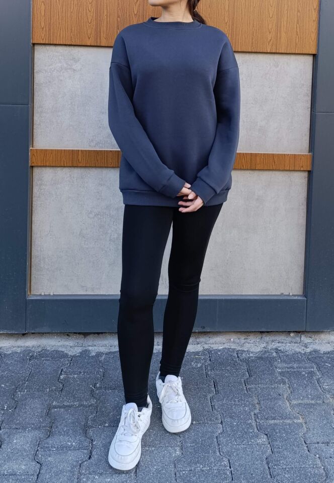 Bisiklet Yaka 3 İplik Şardonlu Basic Kalın Sweatshirt