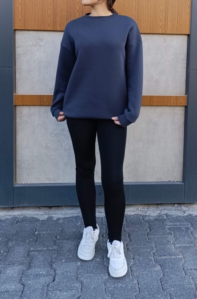 Bisiklet Yaka 3 İplik Şardonlu Basic Kalın Sweatshirt