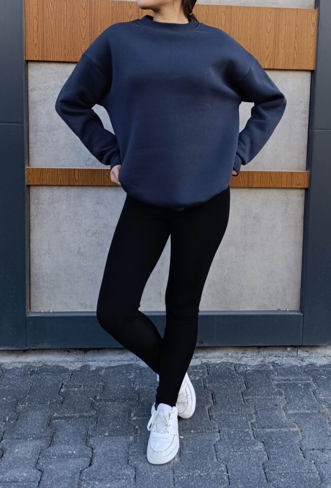 Bisiklet Yaka 3 İplik Şardonlu Basic Kalın Sweatshirt