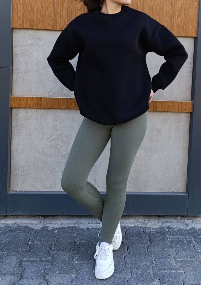 Bisiklet Yaka 3 İplik Şardonlu Basic Kalın Sweatshirt