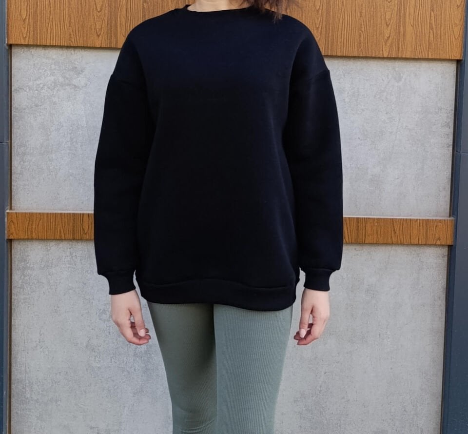 Bisiklet Yaka 3 İplik Şardonlu Basic Kalın Sweatshirt