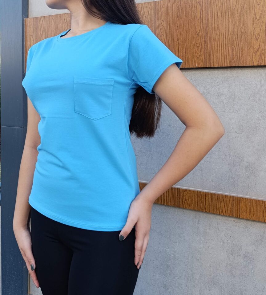 Bisiklet Yaka Cep Detaylı Basic Kadın T-shirt-Tişört