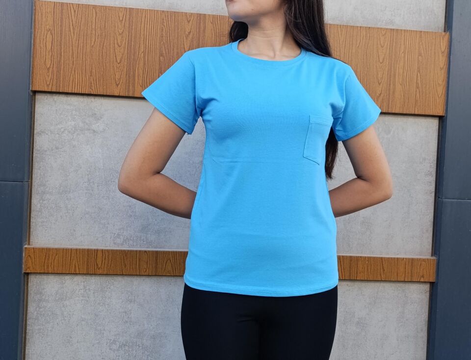 Bisiklet Yaka Cep Detaylı Basic Kadın T-shirt-Tişört