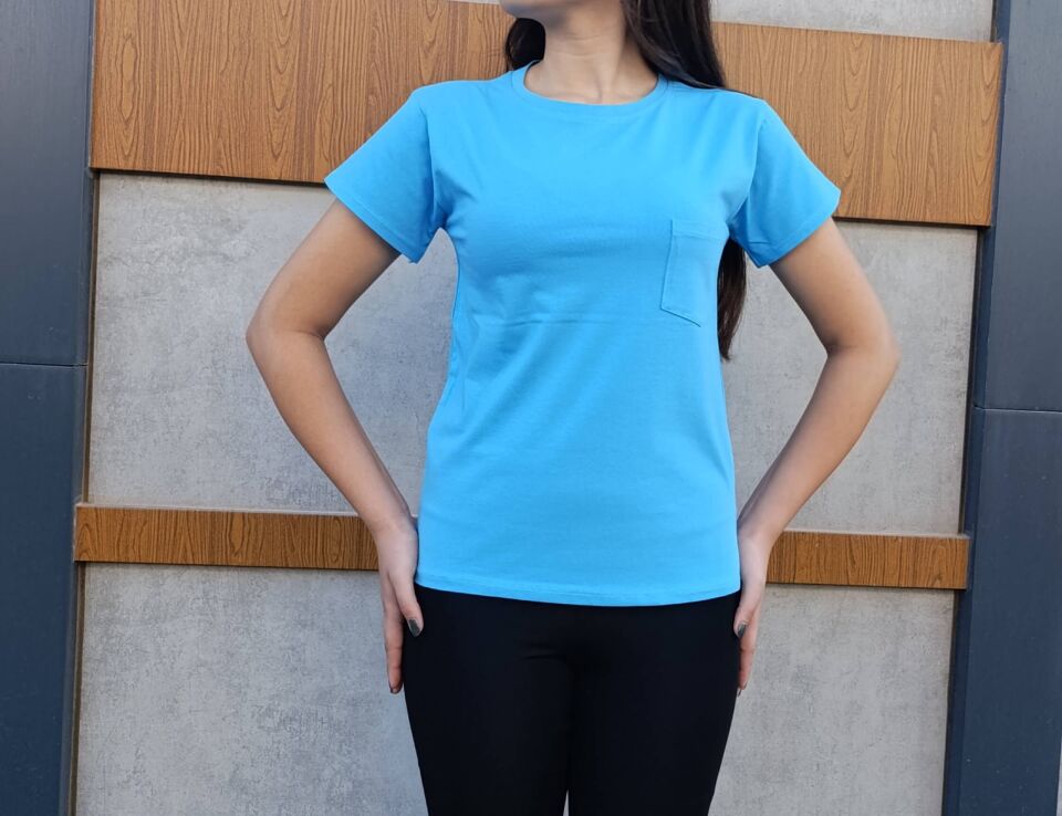 Bisiklet Yaka Cep Detaylı Basic Kadın T-shirt-Tişört