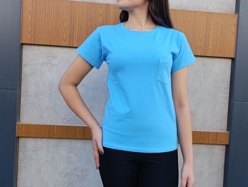 Bisiklet Yaka Cep Detaylı Basic Kadın T-shirt-Tişört