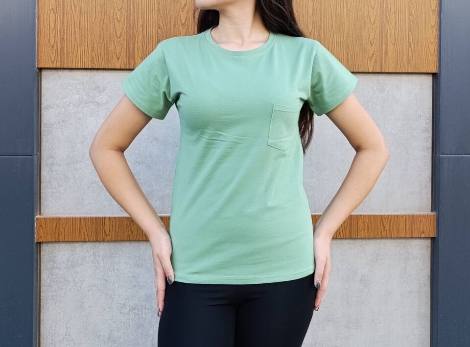 Bisiklet Yaka Cep Detaylı Basic Kadın T-shirt-Tişört